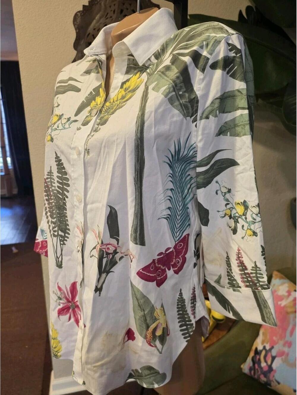 NWT Chicos 0.5 (sz 6) blouse tropical floral 3/4 sleeves cotton/spandex - Picture 3 of 9